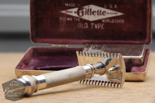 Gillette 1924 Silver Basketweave Pocket Edition - Old Type Open Comb DE Razor Set