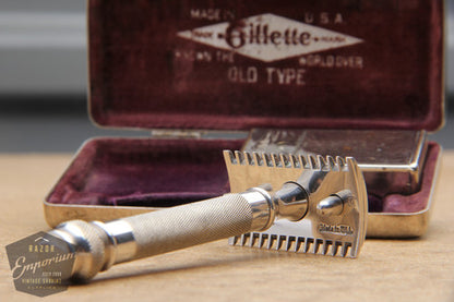 Gillette 1924 Silver Basketweave Pocket Edition - Old Type Open Comb DE Razor Set