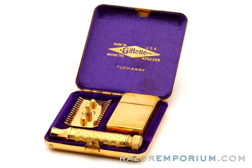 1928 Gillette New Improved Gold Tuckaway Style Travel DE Safety Razor Set w/ Instructions