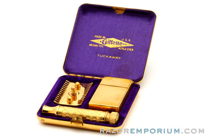 1928 Gillette New Improved Gold Tuckaway Style Travel DE Safety Razor Set w/ Instructions