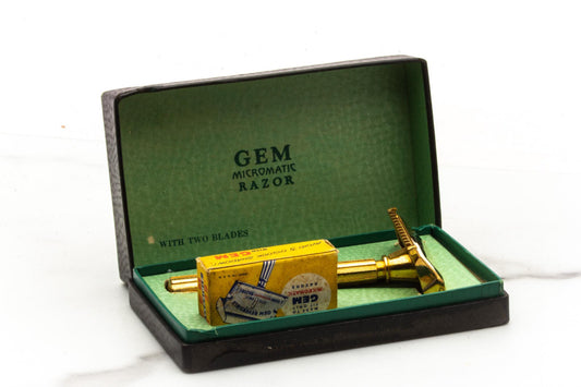 1950's Gem Micromatic Gold Single Edge Safety Razor Set with Blades | Original Condition