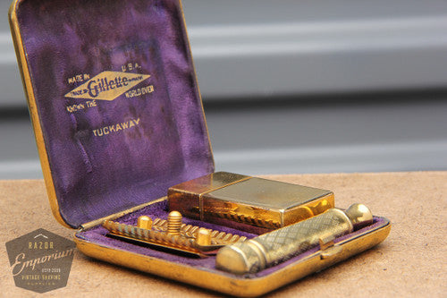 Gillette 1921 Gold New Improved Tuckaway Style Travel DE Safety Razor Set