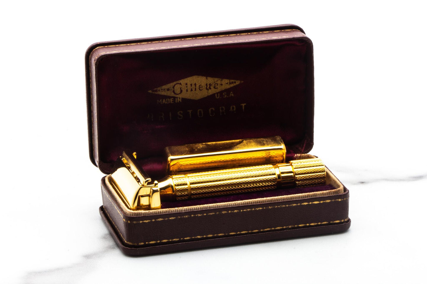 1948-50 Gillette Aristocrat Gold Double Edge Safety Razor Set | 24K Gold Revamp