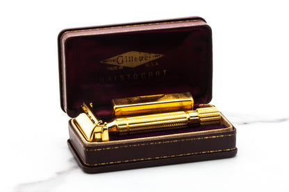 1948-50 Gillette Aristocrat Gold Double Edge Safety Razor Set | 24K Gold Revamp