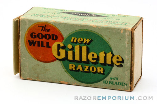 1930's Gillette Goodwill Ball End Gold DE Safety Razor Made in USA w/ Box & Blades
