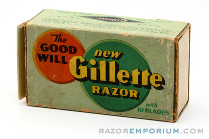1930's Gillette Goodwill Ball End Gold DE Safety Razor Made in USA w/ Box & Blades