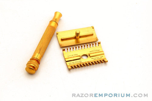1930's Gillette Regent Gold Ball End Old Type Style DE Razor in Black Leather Case