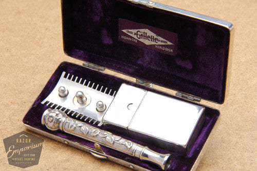 Gillette 1910's Silver ABC Pocket Edition Floral Handle - Old Type Open Comb DE Razor Set