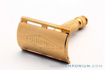 1947-51 Gillette Gold Ball End Travel Tech Safety Razor Set with Leather Zip Pouch