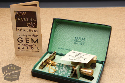 Gem NEW Gold 1940's Single Edge Safety Razor w/ Green Box - NOS