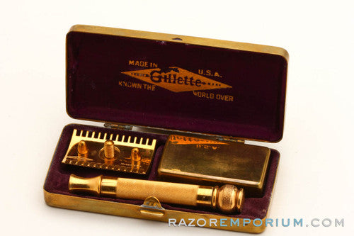 1910's Gillette Comb Ball End Old Type Razor 24K Gold w/ Case and Blade Bank