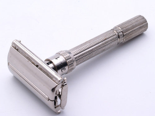1964 J3 Gillette Slim Adjustable Safety Razor Nickel w/ Red Case & Blade Bank
