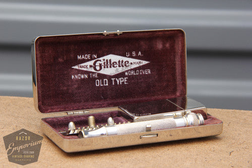 Gillette 1920's Basketweave Pocket Edition - Old Type Ball End (DE) Razor Set