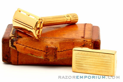 1941 Gillette Gold Regent Tech w/ Leather Case & Original Blade Bank