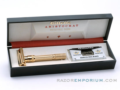 1964 J3 Gold Gillette Slim Adjustable Aristocrat Safety Razor W/ Case & Bladebank