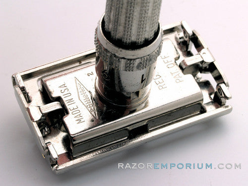 1964 J2 Gillette Slim Adjustable Safety Razor Nickel w/ Red Case & Blade Bank