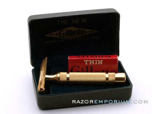 1930's Gillette Gold NEW Short Comb Ball End DE Safety Razor Set w/ Orig. Case & Blades