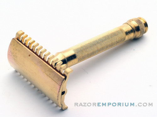1930's Gillette Gold NEW Long Comb Ball End DE Safety Razor Set w/ Orig. Case & Bladebank