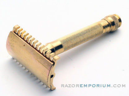 1930's Gillette Gold NEW Long Comb Ball End DE Safety Razor Set w/ Orig. Case & Bladebank