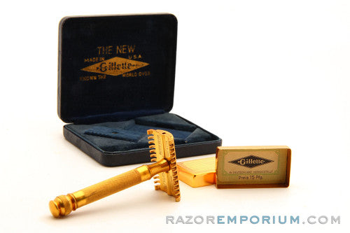 1930's Gillette Regent Gold Ball End Old Type Style DE Razor in Black Leather Case