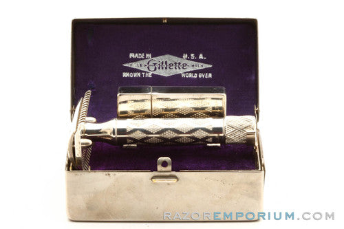 1922 Gillette Silver New Improved Bostonian Safety Razor Set in Orig. Box w/ Blade Bank