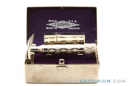 1922 Gillette Silver New Improved Bostonian Safety Razor Set in Orig. Box w/ Blade Bank