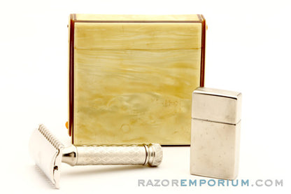 Gillette 1920s Silver New Improved Style Travel (DE) Safety Razor Set w/ Blade Bank & Travel Case