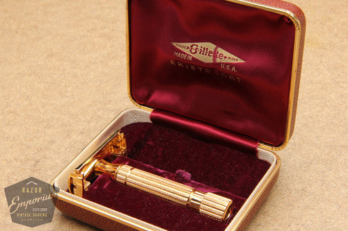 Gillette 1948-1951 Aristocrat DE Safety Razor w/ Leather Case * 24K Gold Revamped