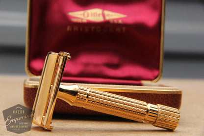Gillette 1948-1951 Aristocrat DE Safety Razor w/ Leather Case * 24K Gold Revamped