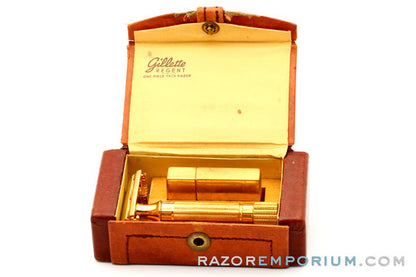 1940's Gillette Gold Regent Tech DE Safety Razor Set w/ Leather Case & Original Blade Bank