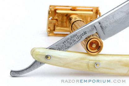 6/8" Dubl Duck Pearlduck Wonderedge Straight Razor w/ Original Gold Inlay Celluloid Scales  | Solingen, Germany