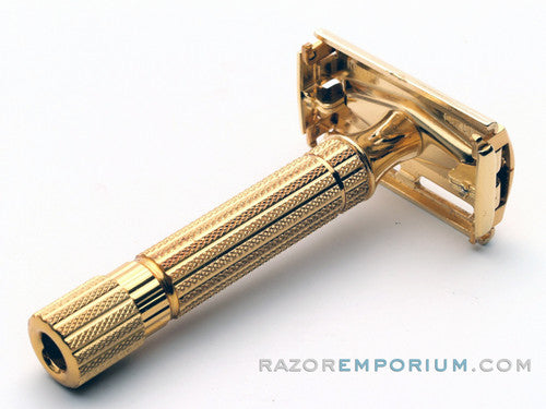 1948-1951 Gillette Aristocrat DE Safety Razor w/ Original Leather Case, Box, & Blades * 24K Gold - New Old Stock - MINT