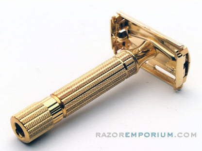 1948-1951 Gillette Aristocrat DE Safety Razor w/ Original Leather Case, Box, & Blades * 24K Gold - New Old Stock - MINT
