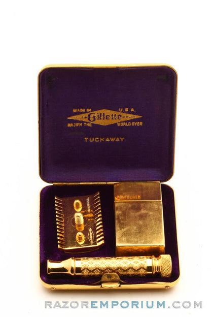1920s Gillette New Improved Tuckaway Style Travel DE Safety Razor Set w/ Case and Blade Bank