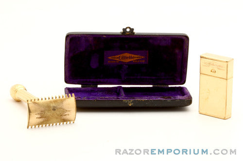 1909 Gillette Gold ABC Pocket Edition - Old Type (DE) Razor with Gun Metal Case and Blade Bank
