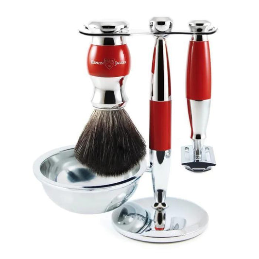 Edwin Jagger | Double Edge Safety Razor Shaving Set Red & Chrome 4pc (Black Synthetic)