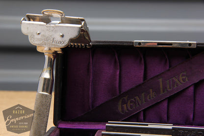 Gem de Luxe 1912 Style Single Edge Safety Razor in Black / Purple Leather Case
