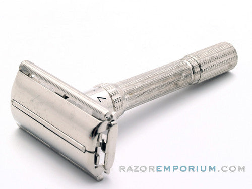 1964 J4 Gillette Slim Adjustable Safety Razor Nickel w/ Blue Case & Blade Bank
