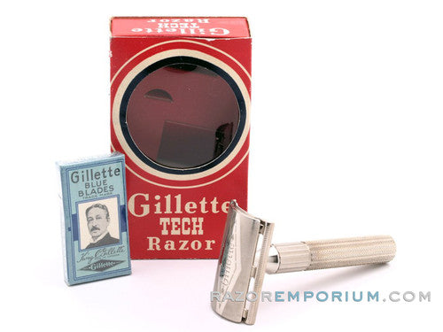 1953 Y4 Gillette Fat Handle Tech Safety Razor in Red Box w/ Blades