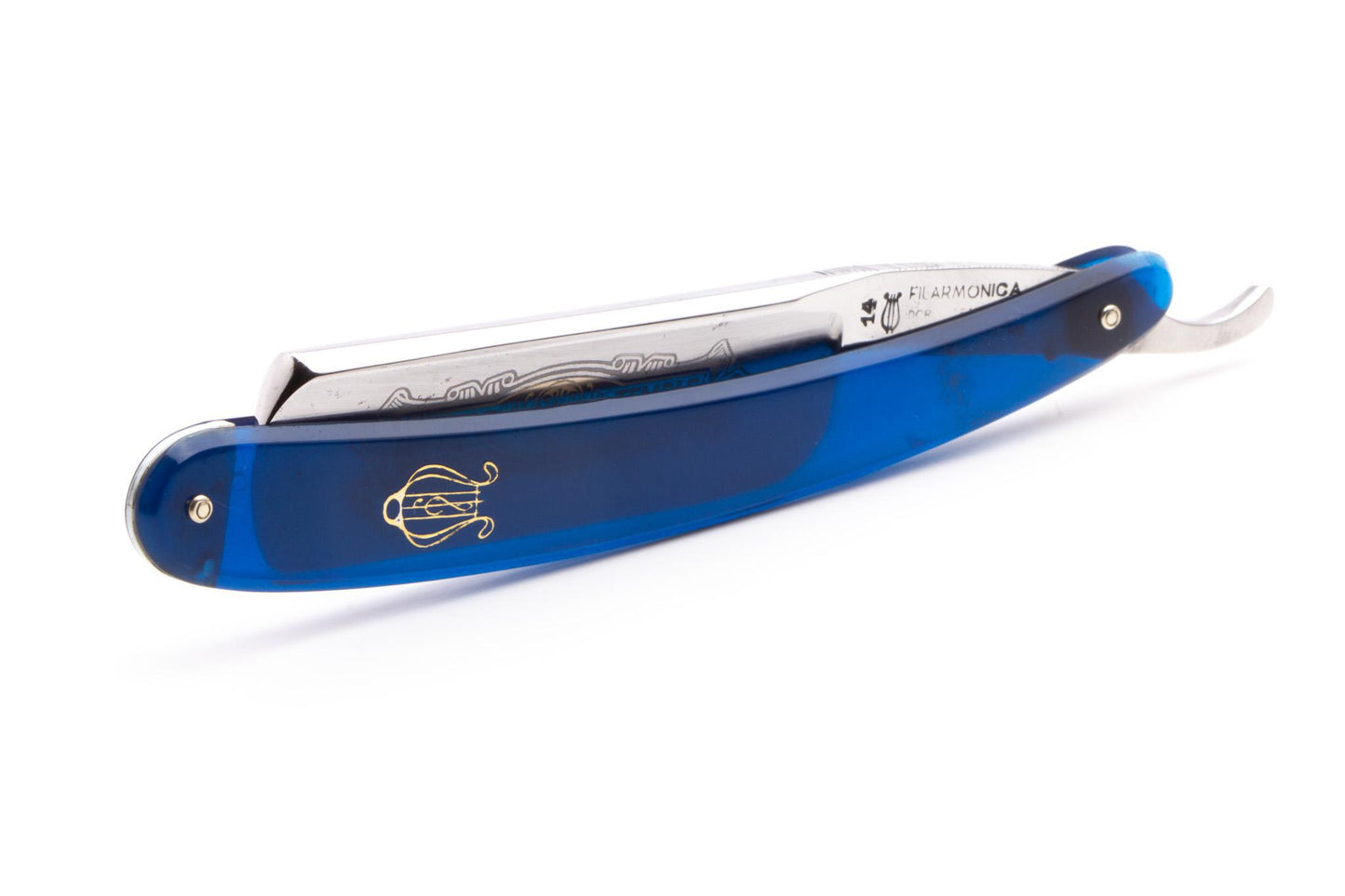7/8" Filarmonica 14 Doble Temple Jose Monserrat Pou Straight Razor With Transparent Blue Scales