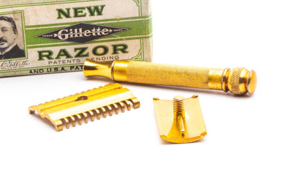 1930's Gillette Gold NEW Long Comb Ball End Double Edge Safety Razor Set  | Original Condition