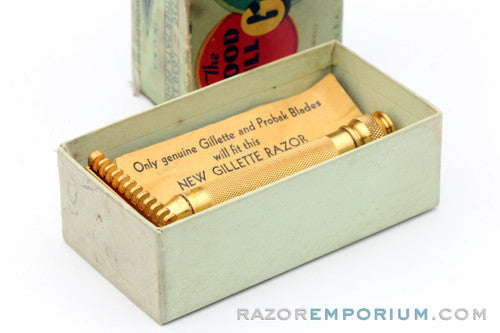 1930's Gillette Goodwill Era Gold DE Razor with Original Box