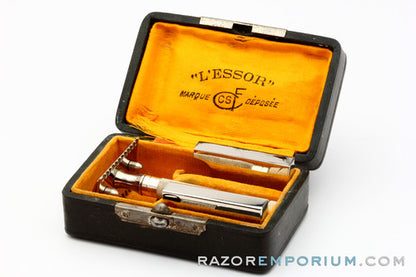 1930's L'Essor Open Comb Double Edge Safety Razor Set w/ Case & Blade Banks