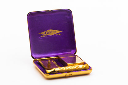 1930's Gillette Gold NEW Deluxe Norfolk Tuckaway Double Edge Safety Razor Set | Original Condition