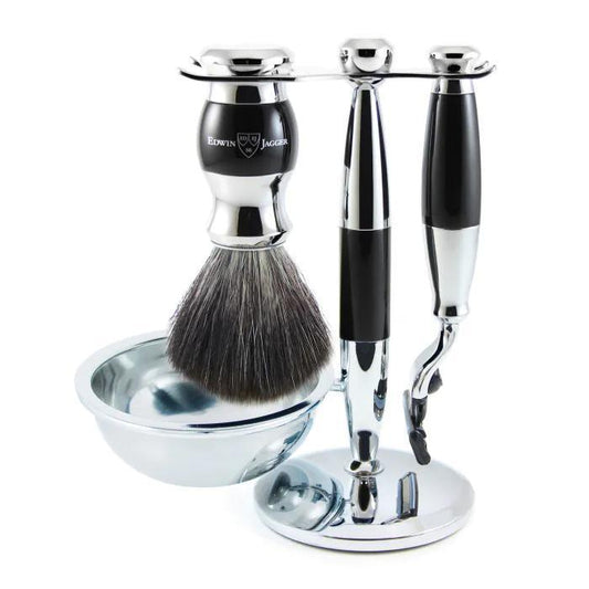 Edwin Jagger | Gillette® Mach3® Razor Shaving Set Imitation Ebony & Chrome 4pc (Black Synthetic)