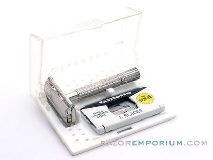 1965 K2 Flair Tip Super Speed DE Safety Razor Set Nickel w/ White Case & Blade Bank