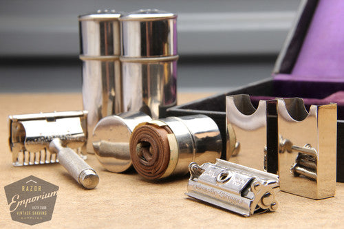 Ever-Ready 1912 Style Snap-Top Single Edge Safety Razor Set in Black Leather Box