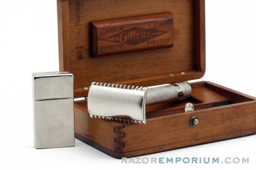 1920 Gillette Big Fellow DE Safety Razor Set in Wood Box - Factory Nickel
