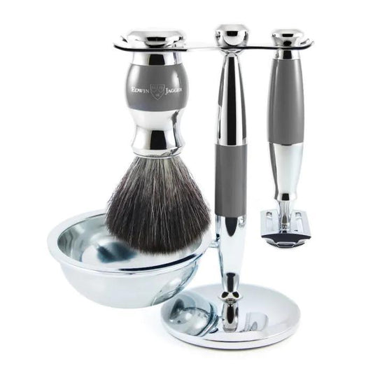 Edwin Jagger | Double Edge Safety Razor Shaving Set Grey & Chrome 4pc (Black Synthetic)