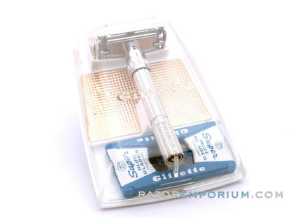 1965 K3 Gillette Slim Adjustable DE Safety Razor Nickel w/ Gold Case & Blade Bank